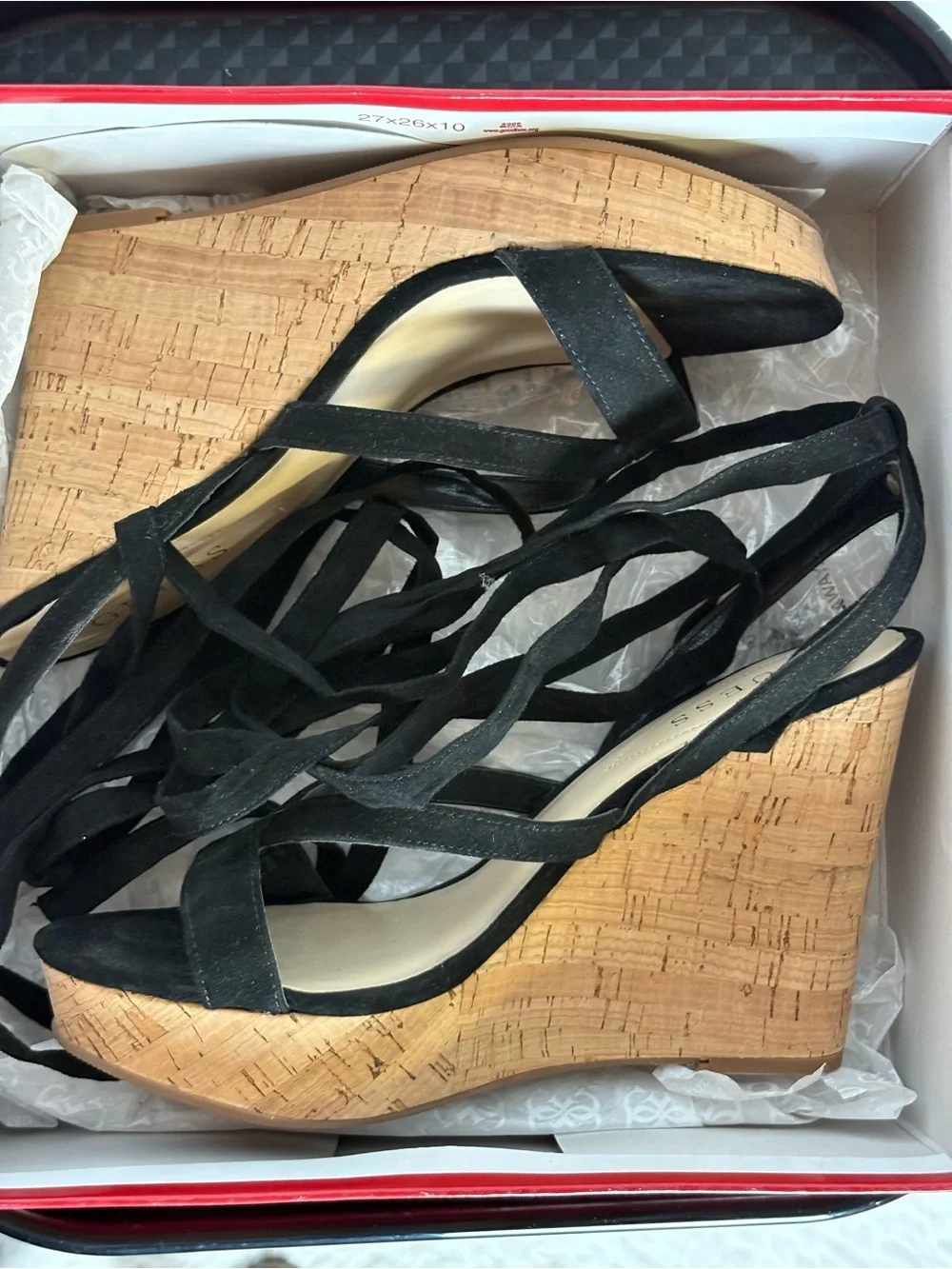GUESS Black Fabric Lace-Up Cork Platform Wedges - Picture 7 of 9